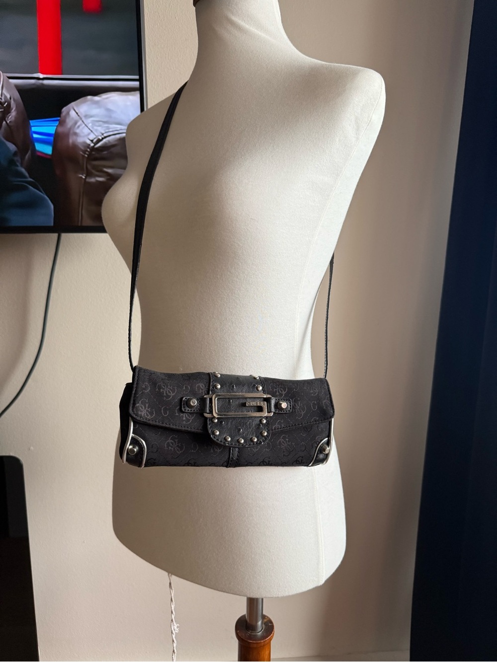 Guess Black Monogram Crossbody with Studded Buckle